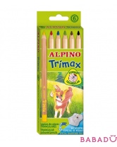 Цветные утолщённые трёхгранные карандаши Trimax 6 цветов и специальная точилка Alpino (Альпино)