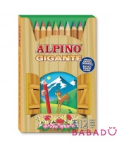 Цветные утолщённые шестигранные карандаши Гигант (Богатырь) 12 цветов Alpino (Альпино)