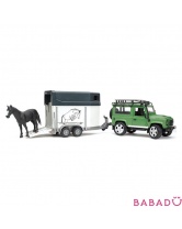 Джип Land Rover Defender с прицепом-коневозкой и лошадью Bruder (Брудер)