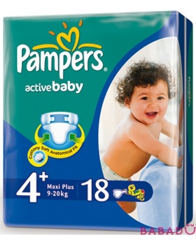 Подгузники Pampers Active baby maxi plus (Памперс Актив бэби макси плюс) 4, 9-20 кг, 18шт.